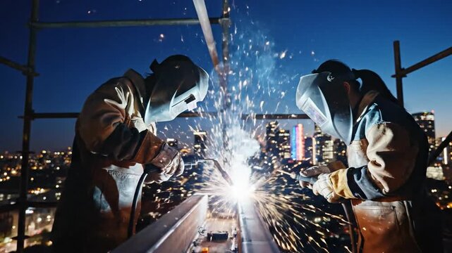 Skilled construction workers intensely welding steel beams with bright sparks flying during a darkening evening city skyline.