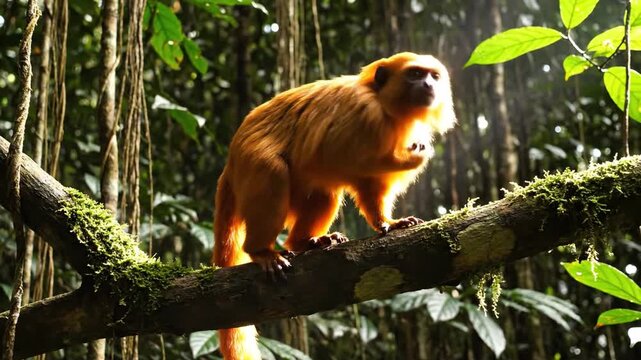 Golden Lion Tamarin Monkey Clinging to a Mossy Branch in a Lush Rainforest