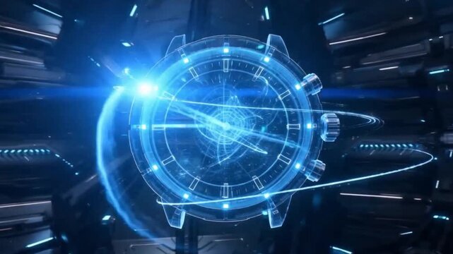 Futuristic digital holographic watch showing exactly 8 o'clocks