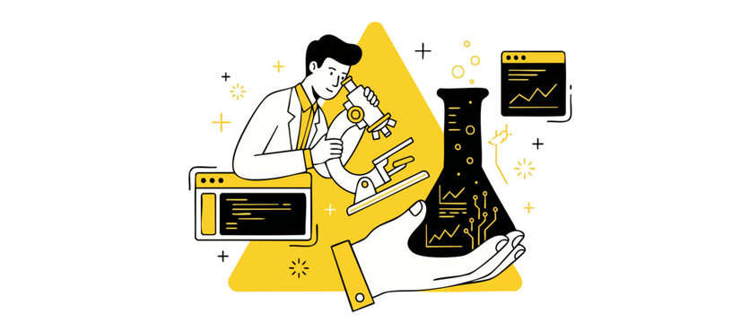 Scientist research laboratory data illustration of a male researcher with microscope, chemical flask, programming code, and analytics graph. Concept of biotechnology RD in a modern flat vector design.