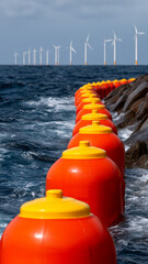 Obraz premium Offshore wind farm ocean breakwater buoy wave coastline renewable energy climate change adaptation along rocky breakwater with orange buoy line