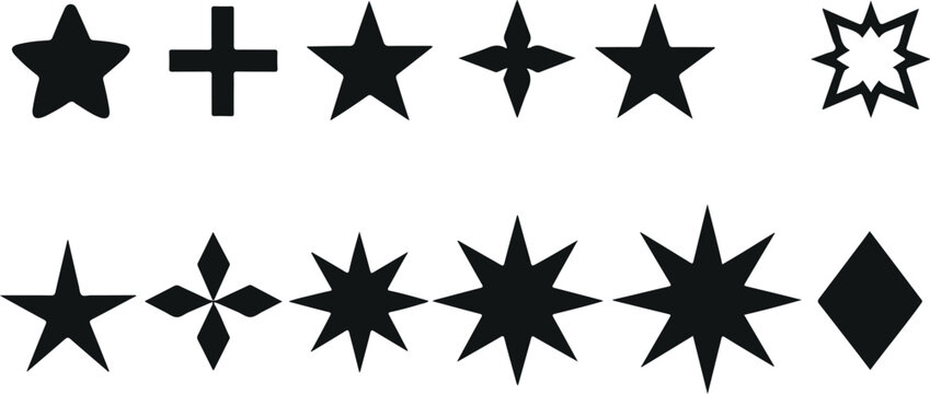 Star shapes and geometric symbol vector set with decorative stars, plus sign, and abstract elements isolated on light background for design and decoration
