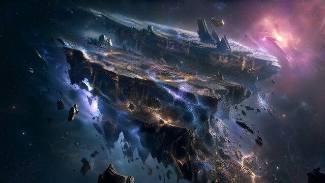 A massive floating landmass crumbling in space, ancient layers disintegrating into stardust.