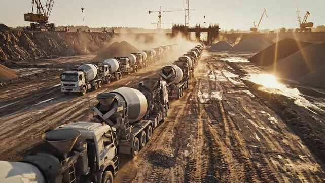 Multiple concrete mixer trucks in a line on a dusty construction site under bright sunlight.