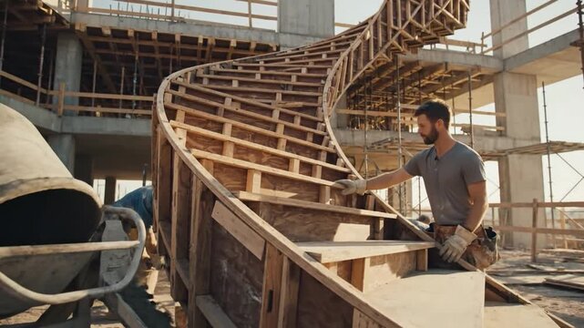 Skilled construction workers meticulously build intricate wooden formwork for a curved staircase at an active building site.