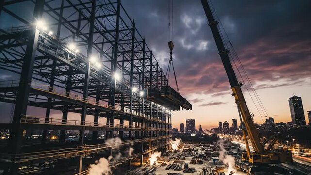 Massive steel beams ascend towards a bruised twilight sky at a sprawling urban construction site, showcasing immense industrial development.