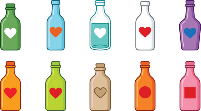 Colorful Bottle Icon Set with Heart and Shape Symbols Representing Love, Emotions, and Decorative Design ConceptsColorful Bottle Icon Set with Heart and Shape Symbols Representing Love, Emotions.