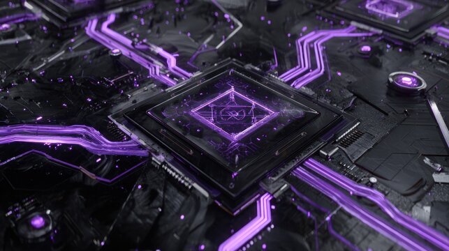 Glowing purple energy flows across a dark, textured electronic surface with a central processing component.