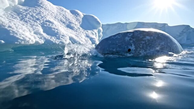 Majestic Narwhal's Spiral Tusk Gleams Under Arctic Sun Amidst Floating Icebergs