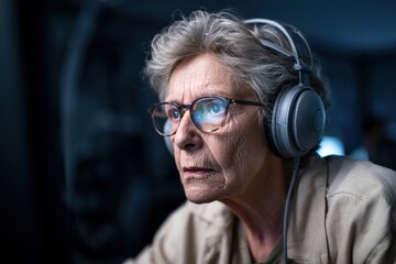Obraz premium Focused senior woman wearing headphones using computer indoors at night