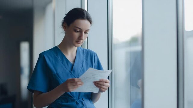 medical assistant standing near window reviewing schedule, Portrait of a medical assistant checking schedule by the window, healthcare professional in scrubs, clinical background