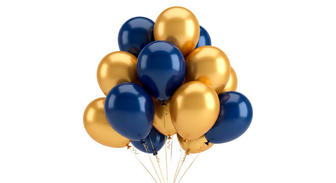 Floating Cluster Of Metallic Gold And Glossy Navy Balloons On White Background
