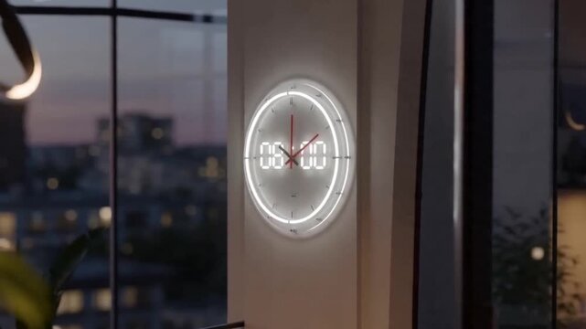 Modern wall clock showing 8 o'clocks in glowing office interior