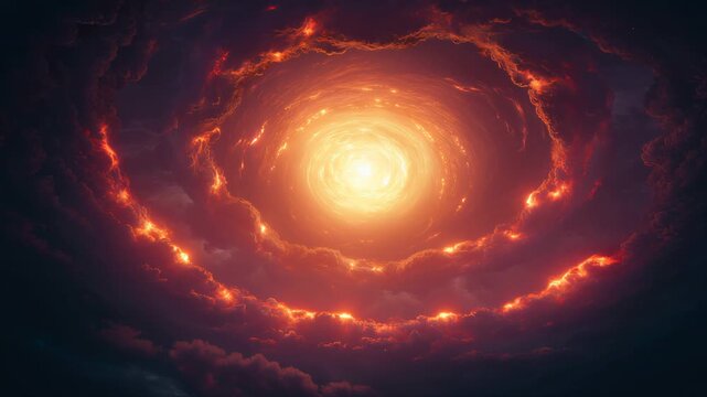 Abstract swirling vortex of glowing fire clouds in deep space. Seamless looping 4k video background