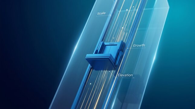 Slider interface element within a glowing glass column represents numerical elevation, incremental growth, rising scale, and precise measurement in a modern digital software workspace environment.