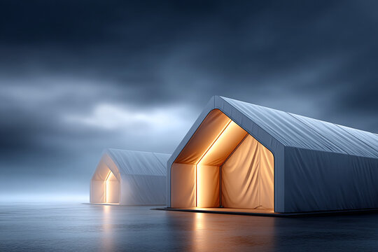 Emergency tent disaster relief climate change adaptation shelter stormy sky humanitarian aid refugee camp temporary housing resilience field