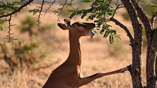 Graceful Gerenuk antelope stretching its long neck to reach acacia leaves on a sunny African savanna