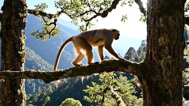 Golden langur primate with striking golden fur gracefully perched on a tree branch in sunlight