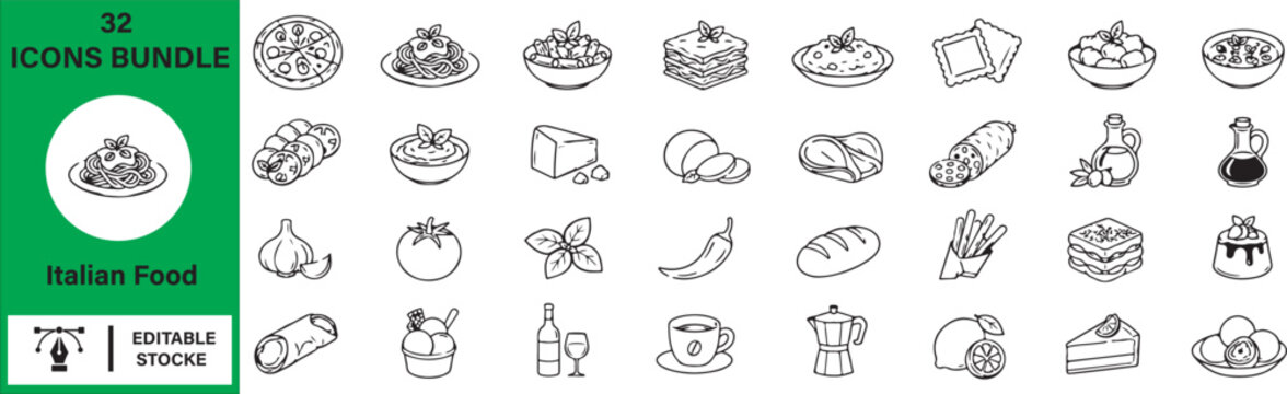 Set of 32 Italian Food icons Each icon will be different, create a vector outline icons using white background and black color