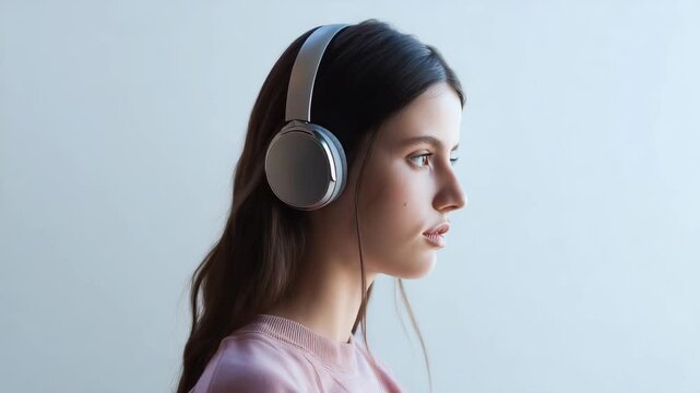 stylish young woman wearing over-ear headphones, casual outfit, standing against a clean light studio background, soft natural balanced lighting, relaxed seren