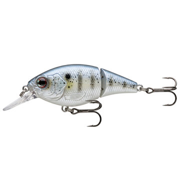 A realistic fishing lure designed to mimic a small baitfish, featuring a silver and white body with black speckles and sharp treble hooks