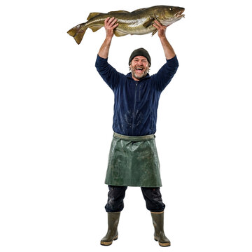 A happy fisherman proudly holds up a large codfish, celebrating his catch. 