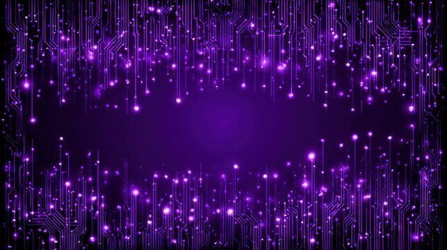 Digital circuit traces glow brightly around a dark center space on a deep purple background