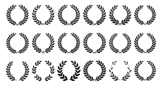 Laurel wreath silhouette vector set black leaf branch round frame collection design elements isolated on white background