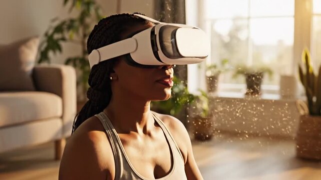 Woman Meditating with VR Headset in a Bright Living Room.