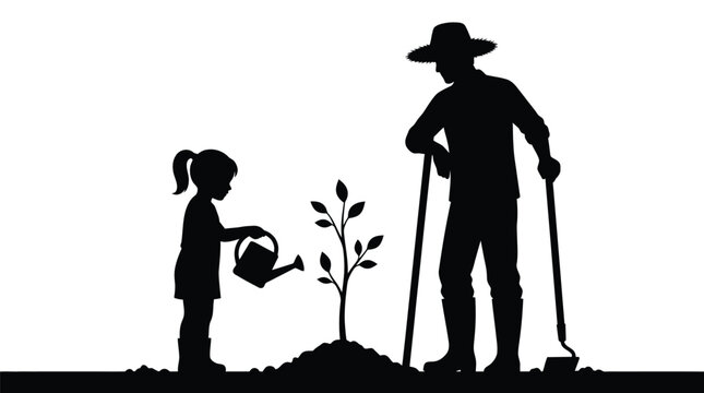 Farmer and child planting a sapling together with a watering can and shovel illustration