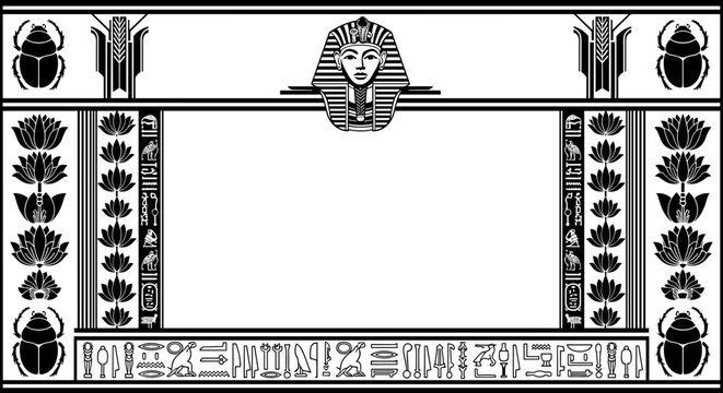 Ancient Egyptian Hieroglyphic Border Design with Pharaohs Head and Scarabs.
