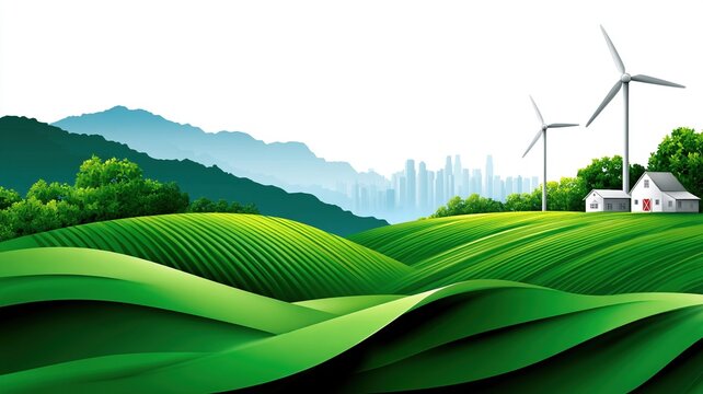 Wind turbine green hill sustainable energy farm landscape climate change adaptation concept rural countryside with clean power rolling field
