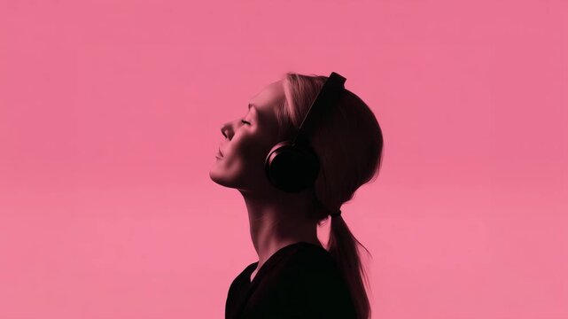 woman in perfect side profile wearing headphones, solid pink studio background, clean silhouette, editorial fashion pose, neutral lighting, entire face inside depth of field