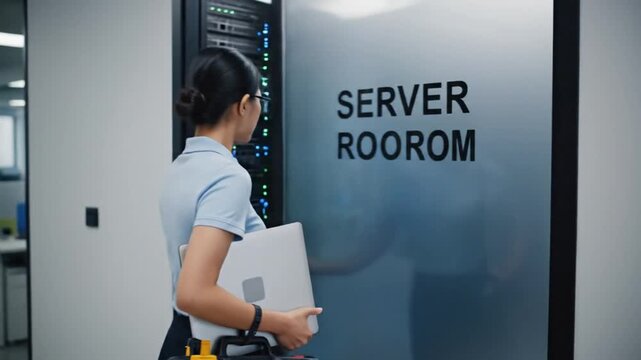 Woman in Glasses Walks Towards Server Room in Office Building.
