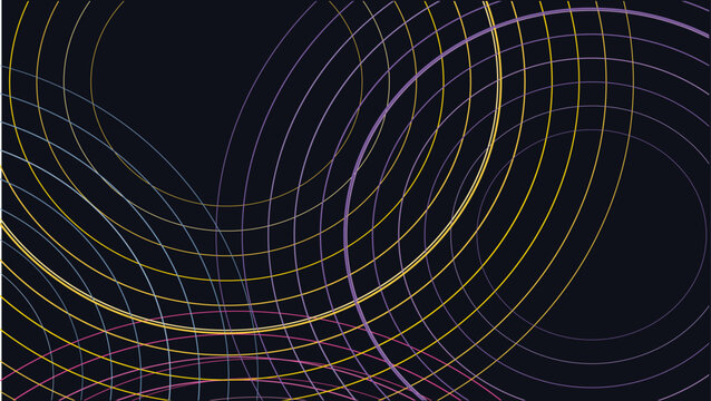 Abstract geometric technology background featuring neon intersecting concentric circles glowing orbital lines and data grid network on dark background