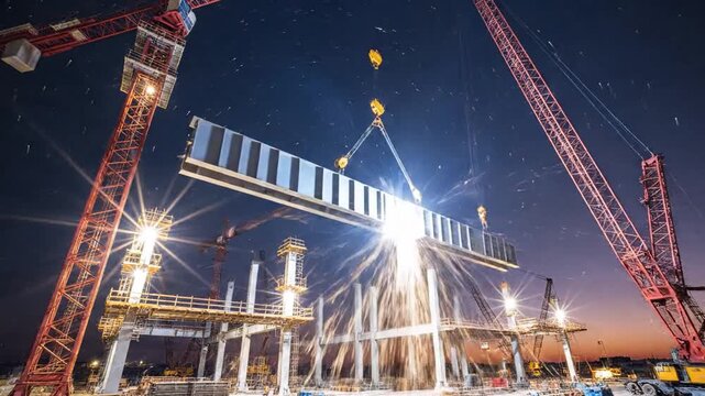 Massive steel girders are hoisted into place by cranes during twilight at a large construction site