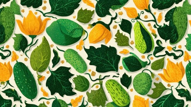 Garden harvest illustrations repeat across a pale background featuring squash blossoms and gourds