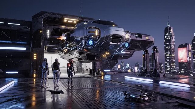 Futuristic Cityscape with Flying Vehicles and Advanced Technology Displayed.