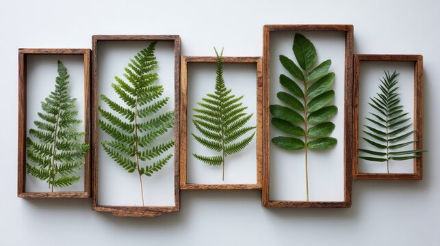 Five different preserved botanical specimens arranged vertically within wooden shadow boxes display natural greenery.