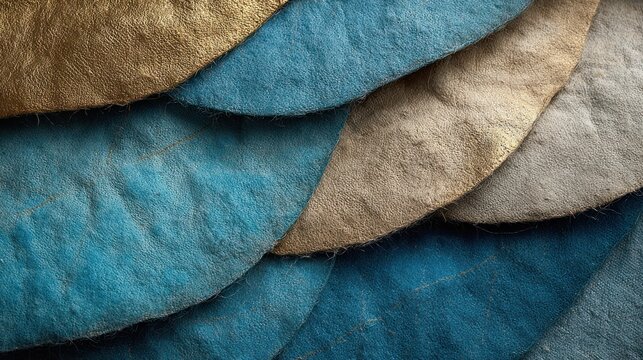 Overlapping layers of textured material display a pattern resembling scales or feathers in varying colors