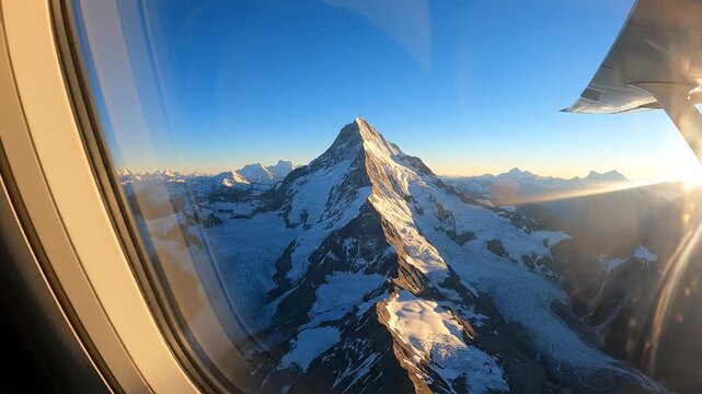 Stunning aerial view of the majestic snow-capped mountain peak through airplane window.