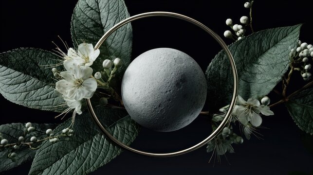 Celestial sphere rests within a metallic ring surrounded by dark foliage and delicate white blossoms