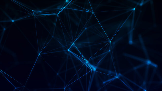 An abstract digital network of glowing nodes and connecting lines. Technological context. Network connection structure. Intertwined effect. 3D render.