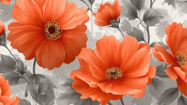 Vibrant orange floral pattern contrasts beautifully with muted gray foliage against a light background