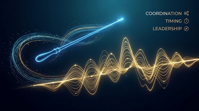 Conductor baton creates swirling golden light trails to symbolize masterful leadership, precise rhythmic timing, and the seamless coordination required for managing complex organizational group.