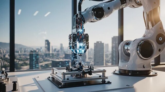 Robotic arm in a modern lab with a city view, technology and innovation.