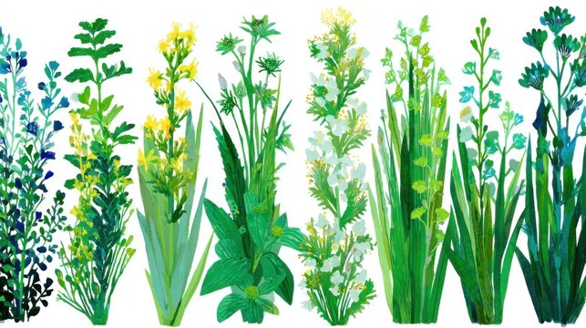 Diverse collection of stylized herbaceous flora displays a rich palette of greens and complementary bloom colors