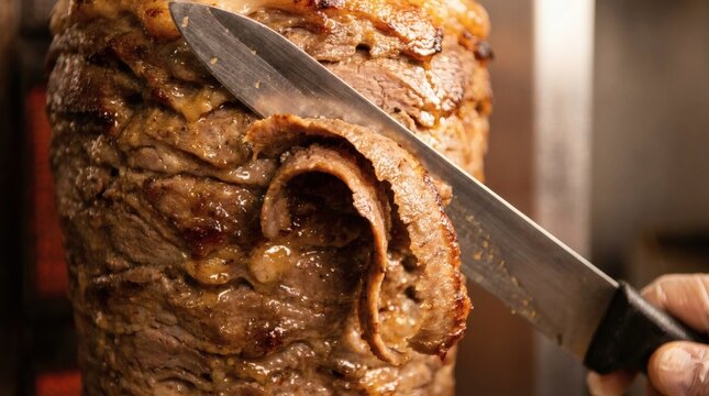 Close-up of a chef slicing seasoned shawarma meat from a vertical rotisserie with a long knife, creating thin, crispy slices of gyro meat.
