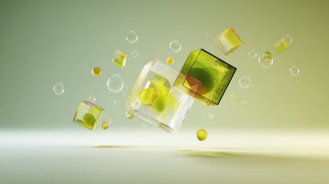 Transparent geometric forms containing spheres float above a reflective surface