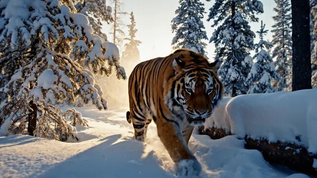 Majestic Siberian tiger prowls through a snow-laden taiga forest during winter sunlight